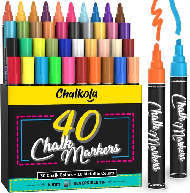 Detalle de Chalkola Liquid Chalk Pens (Pack of 40) – Neon, Pastel & Metallic Wipeable Markers with 6mm Reversible Tip