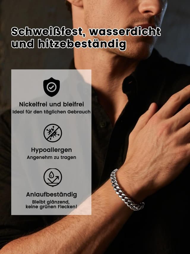 Detalle de Bestyle Herrenarmband aus Edelstahl mit Panzerkette – 5/7/9/12,5 mm Breite, Längen 19/21/23 cm