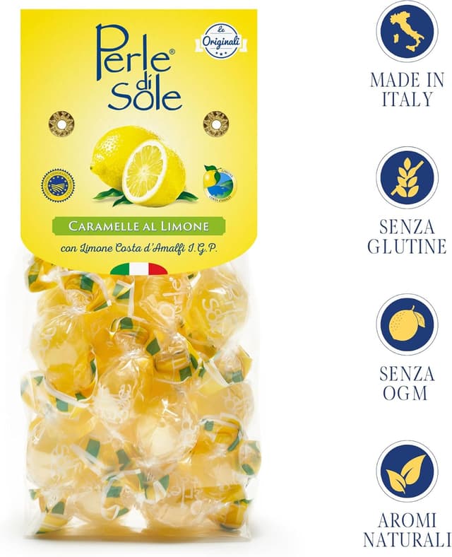 Detalle de Perle di Sole Caramelle dure al Limone Costa d’Amalfi I.G.P. con olio essenziale di limone, 200 g