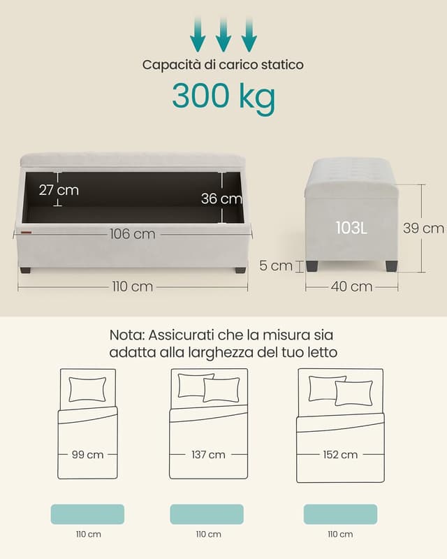 Detalle de SONGMICS Cassapanca Pouf contenitore bianco crema con gambe in legno LSF089W01, 40 x 110 x 39 cm