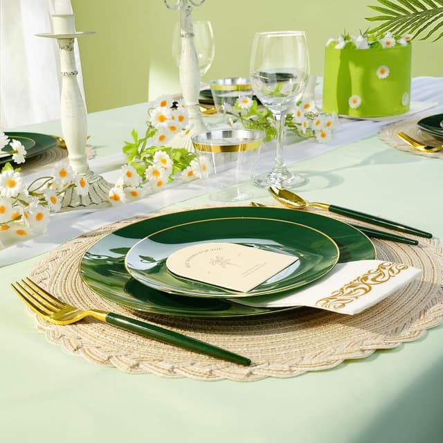 Thumbnail 3 de 175-Piece Green Gold Plastic Dinnerware Set