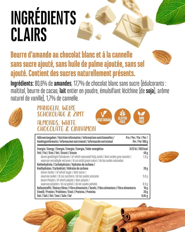 Detalle 2 de vit4ever Beurre d’amande Chocolat blanc Cannelle, 1 kg (naturel) – texture onctueuse, sans huile de palme