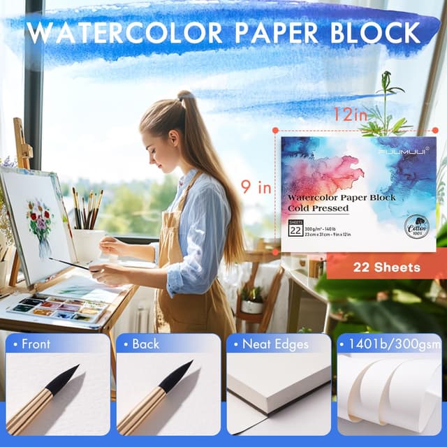 Detalle 2 de Fuumuui Watercolor Paper Block (9x12 Inch) — 100% Cotton, Cold-Pressed, 22 Sheets (140 lb / 300gsm)