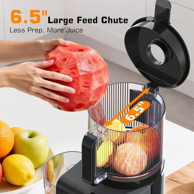 Detalle de Cold Press Juicer Machine with 6.5" Large Feed Chute (Black) — Auto-Feed for Whole Fruits & Vegetables