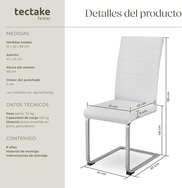 Detalle de tectake Conjunto de 6 Sillas Blancas para Comedor