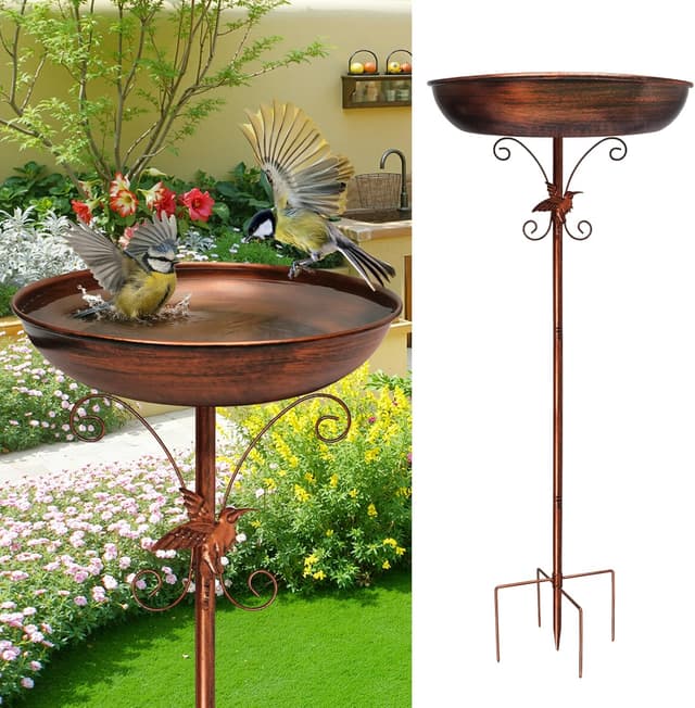 Detalle de Newthinking 40-inch freestanding metal bird bath with 5-pronged base and vintage-style relief bowl