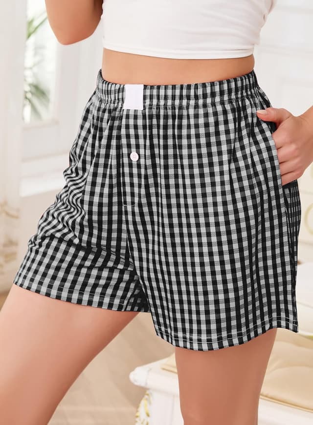 Detalle 2 de Lovasy women’s elastic waisted plaid boxer shorts for pyjamas and lounge wear