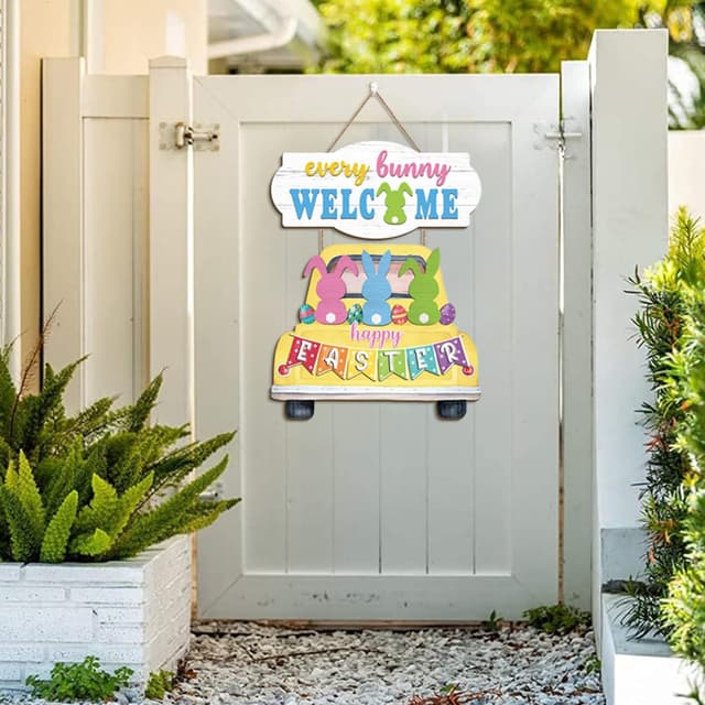 Thumbnail 6 de HPNIUB Happy Easter Rabbit Welcome hanging front door sign (wood plaque with rope)