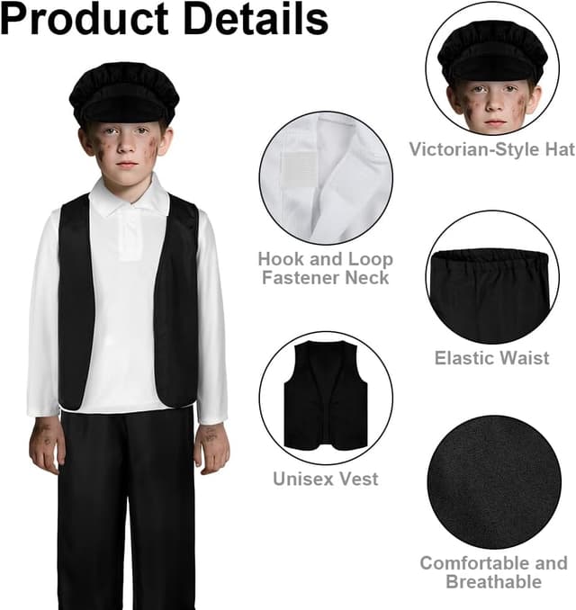 Detalle de DiULi Children’s Victorian Boy 4-Piece Costume Set (Vest, Hat, Trousers & Shirt) for World Book Day & School Plays
