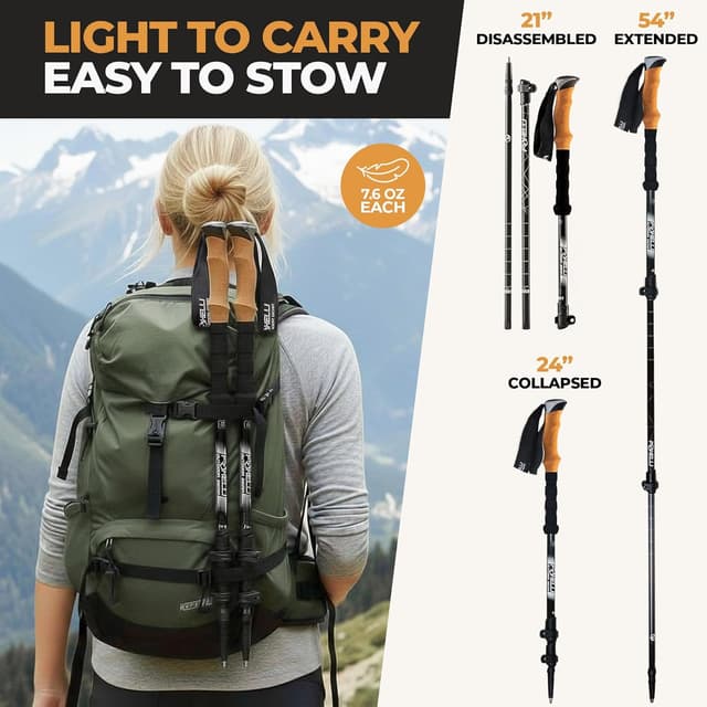 Detalle de Foxelli Carbon Fiber Walking Poles – lightweight collapsible trekking poles with cork grips