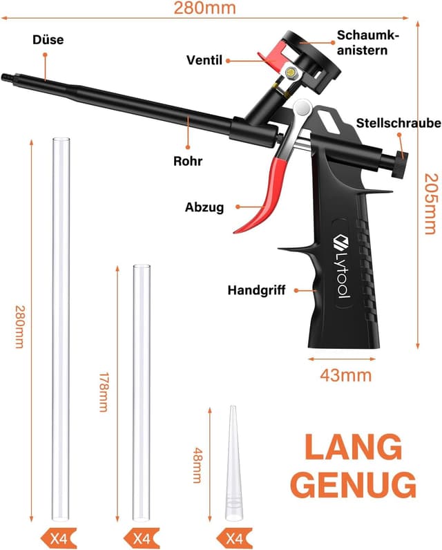 Detalle de PU-Schaumpistole Lytool 2-teilg. mit 12 Verlängerungsrohren – Dosierpistole aus Metall für PU-Schaum