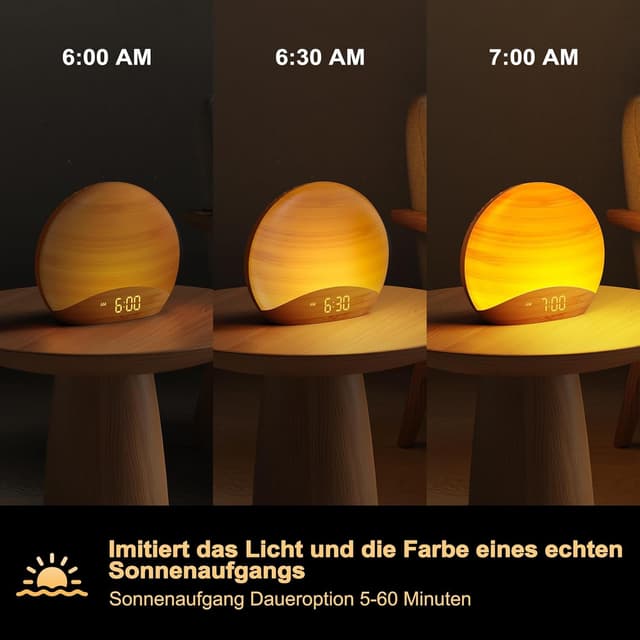 Detalle de REACHER Lichtwecker Sonnenaufgang mit Nachtlicht, 0–100% dimmbar, 26 beruhigende Klänge