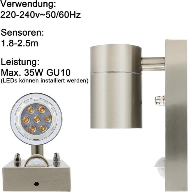 Detalle de HiBay 1x Motion Sensor Outdoor Wall Light (PIR) – IP44 stainless steel security lighting with GU10 LED