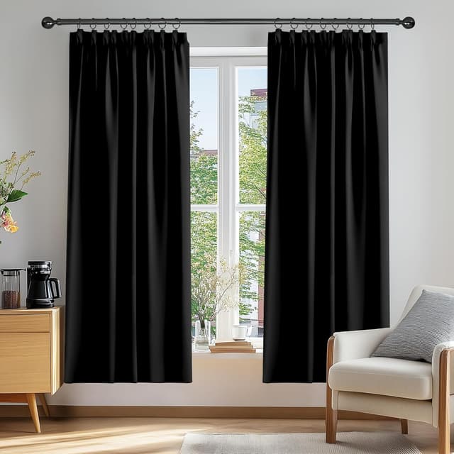 Detalle de Deconovo Super Soft Pencil Pleat Thermal Blackout Curtains (66 x 72) – Black, Two Panels