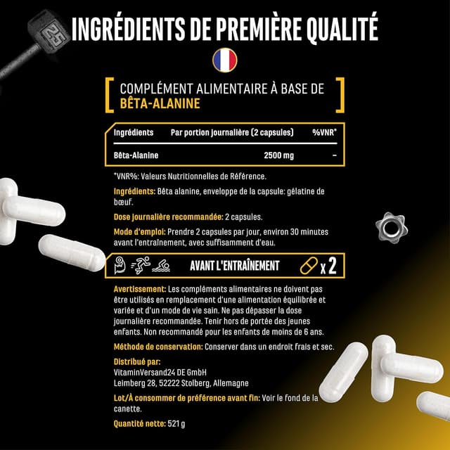Detalle de GEN German Elite Nutrition Bêta Alanine Ultra Caps — 365 capsules dosées à 1250 mg