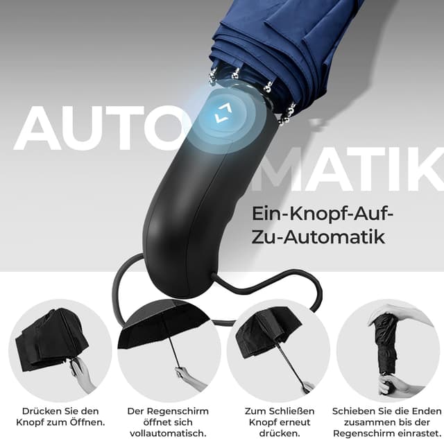 Detalle de Regenschirm Taschenschirm sturmfest mit Auf-Zu Automatik & Schirm-Tasche – Schwarz, kompakt & für Reise/Alltag