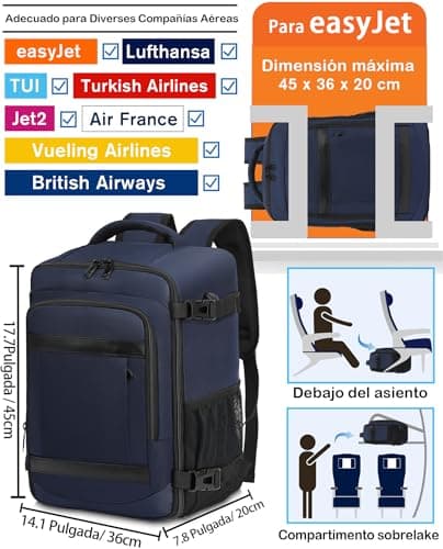 Detalle 2 de KLOSTAIN Mochila de cabina para avión 45x36x20 cm (30 L) con compartimento para portátil de 14