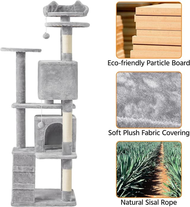 Detalle de Yaheetech Large Cat Tree (178cm) with 2 Condos, Perched Platform and Scratching Posts – Light Grey