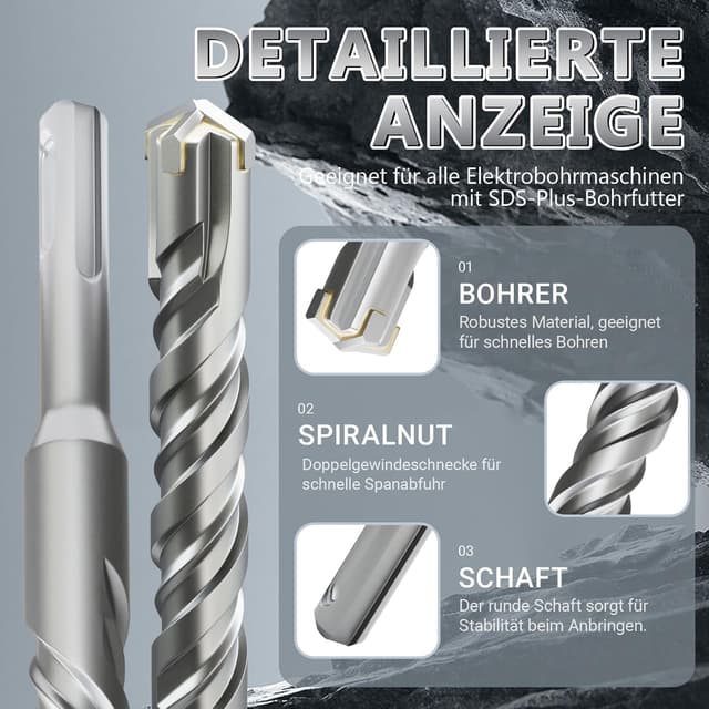 Detalle de SDS-Plus Bohrer 26 mm × 350 mm für Beton, Mauerwerk & Stein – 40CR-Stahl, Doppelspirale