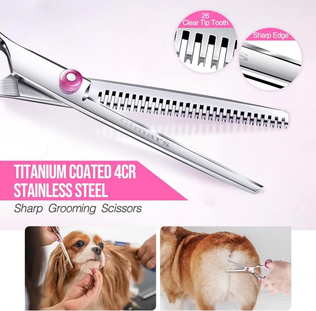Detalle 2 de Gimars Dog Grooming Scissors Kit (4CR Stainless Steel) – Safety Round Tip, 5 in 1 Thinning & Curved/Straight Shears Set