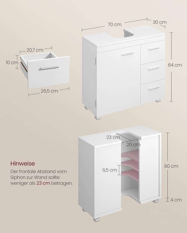 Detalle 2 de VASAGLE Waschbeckenunterschrank BBK504W01 mit 3 großen Schubladen, 2 Fächern und Füßen (30 x 70 x 64 cm)