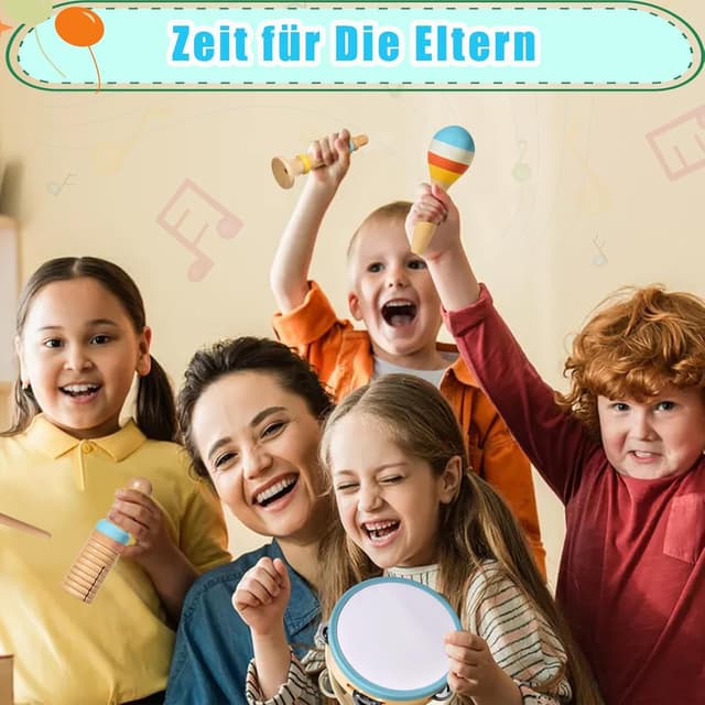 Detalle de Set strumenti musicali in legno Montessori 6 in 1 per bambini (1 anno) con maracas, xilofono e tamburi