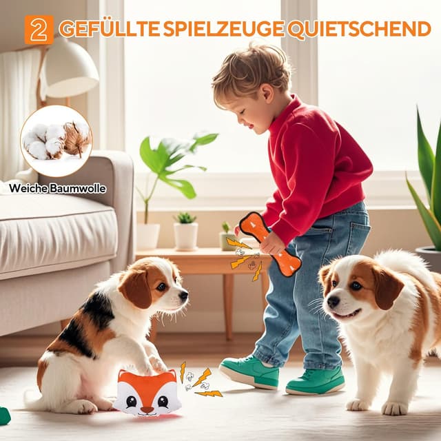 Detalle de LIFLIX Welpenspielzeug für kleine Hunde (4-teilig) – Fuchs-Plüsch mit Quietsch & Kauspielzeug aus Naturkautschuk