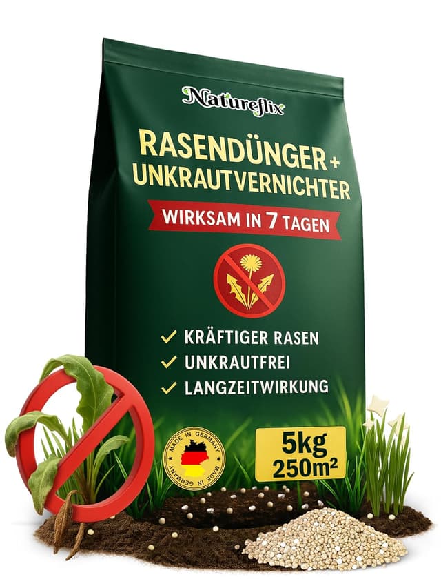 Detalle de Natureflix Rasendünger mit Unkrautvernichter extra stark (2-in-1) – für dichten Rasen im Frühjahr & Sommer, 5 kg für 250 m²