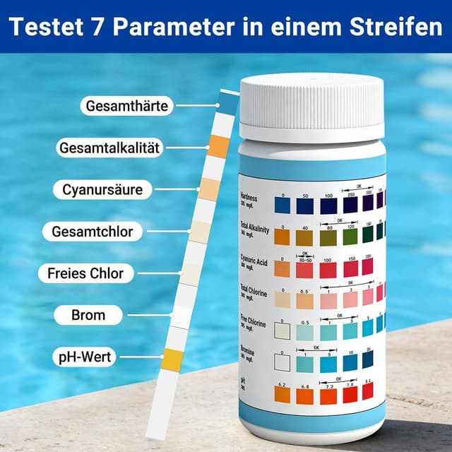 Detalle de Joyzakzak 7-in-1 Pool-Teststreifen: pH & Chlor/Cyanursäure für Pool und Whirlpool (100 Stäbchen)