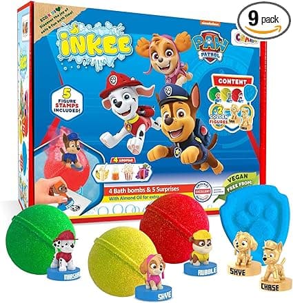 Detalle de Caja regalo INKEE Paw Patrol 🧸 con 4 bombas y figuras sorpresa
