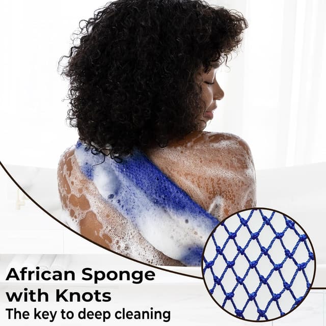 Detalle de African Net Sponge Authentic Exfoliating Body Scrubber Bath Sponge with Travel Bag (Blue)