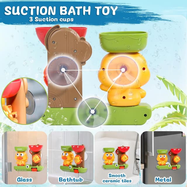 Detalle 2 de Bath Toys for 1 Year Old Toddler: duck waterflow toy with 3 stackable animal cups and suction cups