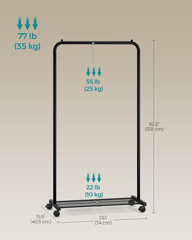 Detalle 2 de SONGMICS HSR130B01 Clothes Rack with Wheels (74 cm) with Mesh Storage Shelf and 2 Brakes