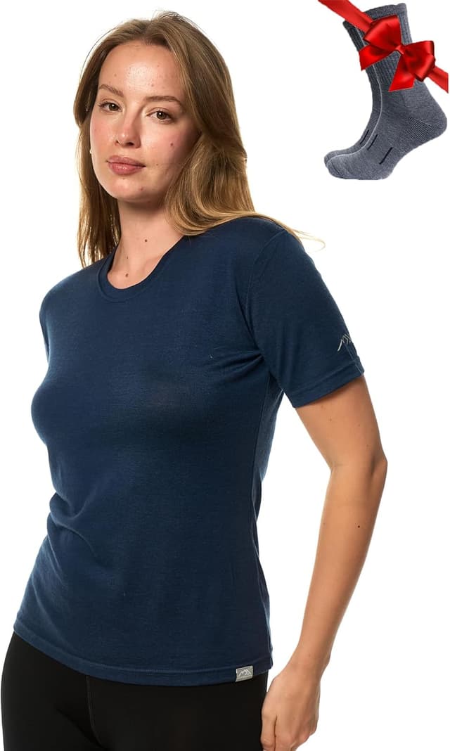 Detalle de Merino.tech Damen Merino T-Shirt (100% Merino, 165 g/m²) + Wandersocken-Set für Wandern & Reise