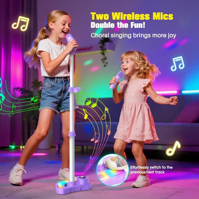 Detalle de Dislocati set karaoke per bambini con 2 microfoni, luci LED e altoparlante portatile (supporto regolabile fino a 108 cm) – Viola