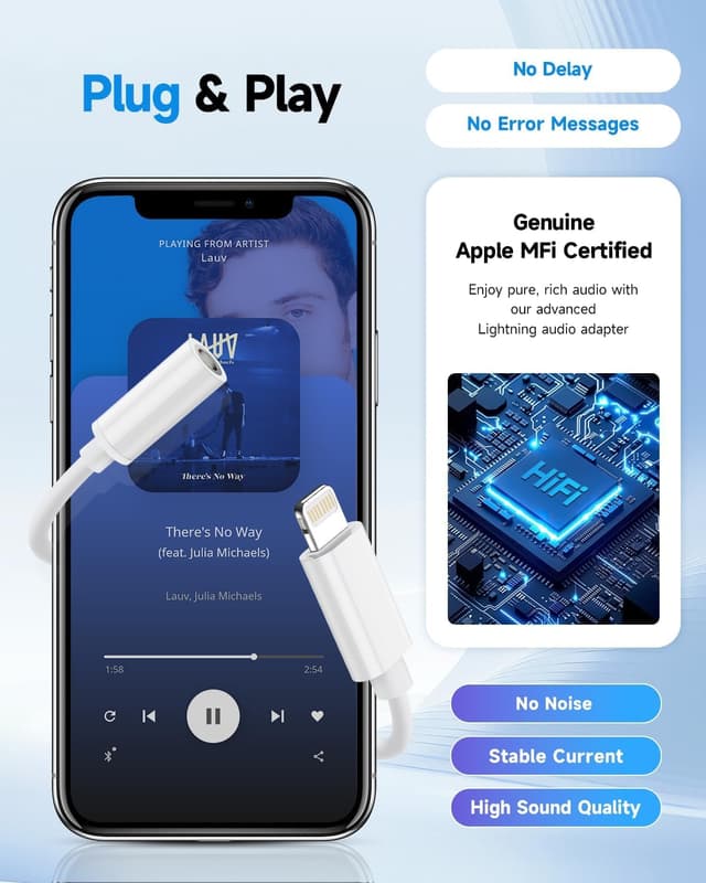 Detalle de Apple MFi Certified Lightning to 3.5mm Headphone Jack Adapter (Premium DAC) — White, 1-Pack