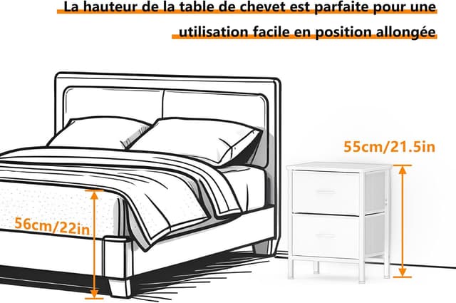 Detalle de HOMIDEC Table de chevet lot de 2 (55 cm) avec cadre en métal et 2 tiroirs en tissu, blanc