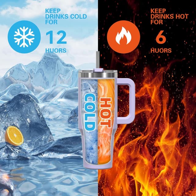 Detalle 2 de WATERSY 20oz Thermobecher to Go mit doppelwandigem Edelstahl, Griff & Strohhalm – lila