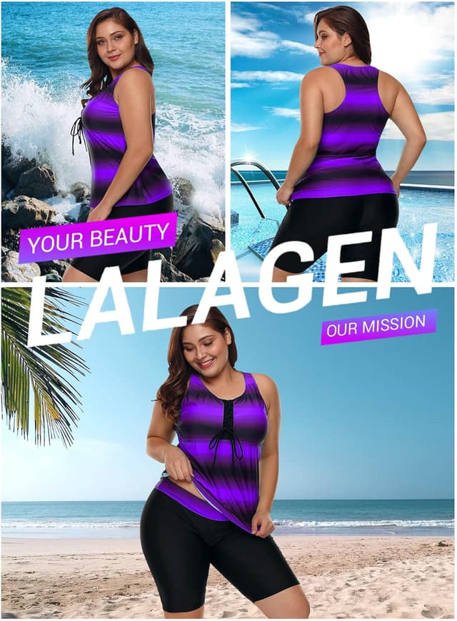Detalle 2 de LALAGEN Plus Size Tankini Swimsuit Set (S-5X) with Rash Guard Capris