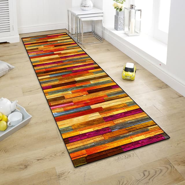 Detalle de WTHYGB Teppichläufer für Flur & Küche, rutschfest, waschbar – 60 x 180 cm (Rot mit Holzmaserung)