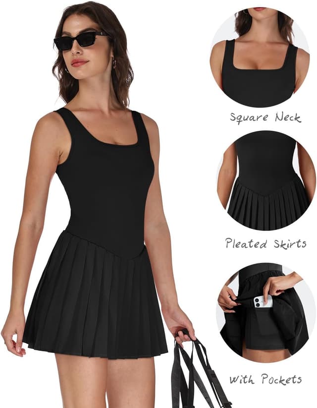 Detalle de NIASHOT Women’s Athletic Tennis Dress with Built-In Shorts, U Neck & Pockets