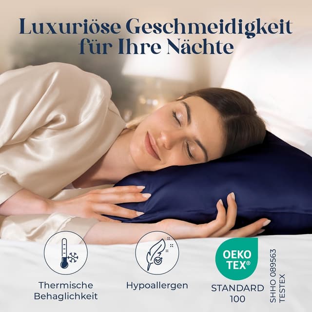 Detalle de DREAMZIE Seidenkissenbezug 40x60 cm (19 Momme) für Haar & Haut – Flieder, 1 Stück