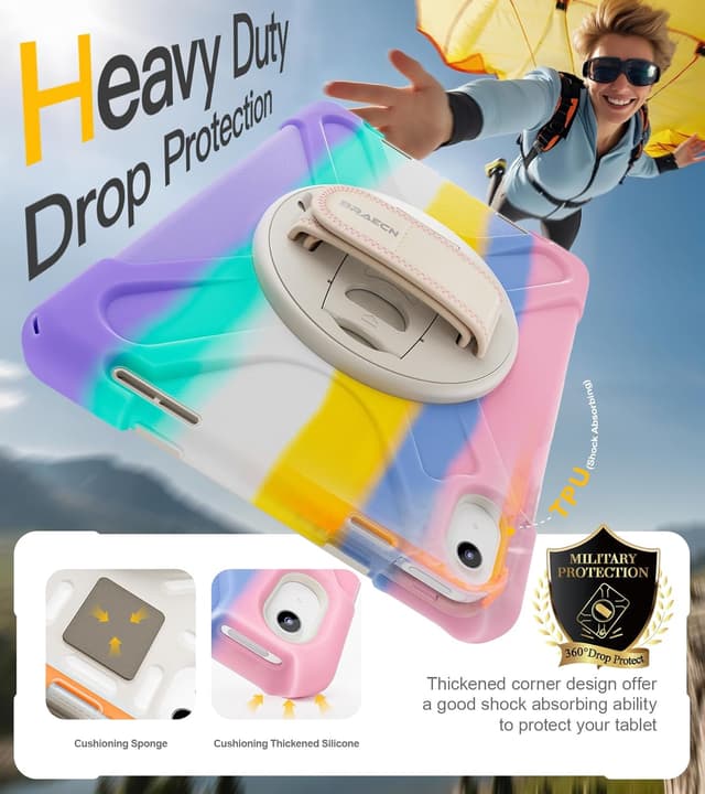 Detalle 2 de BRAECN Kids Case for iPad (A16) 11th / 10th Generation Heavy Duty Cover with Rotating Stand, Screen Protector & Shoulder Strap