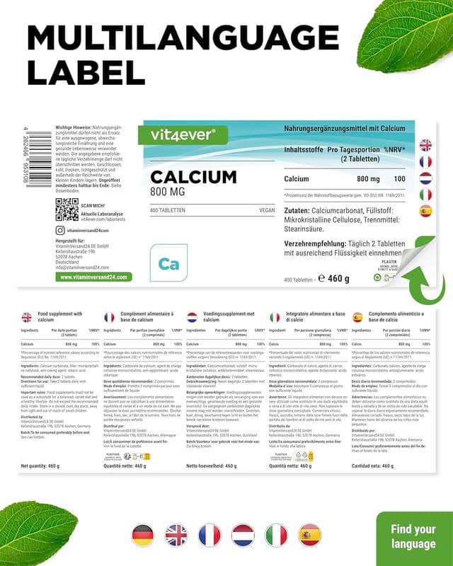 Detalle de vit4ever Calcium 400 Tabletten mit 800 mg elementarem Calcium (Calciumcarbonat) pro Tagesportion – vegan