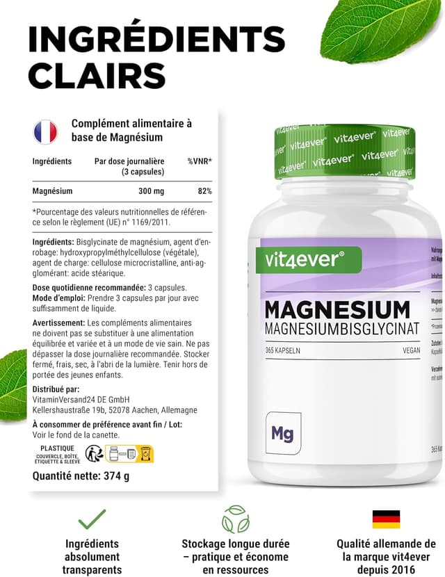 Detalle de Bisglycinate de magnésium 300 mg (3 gélules/jour) – 365 gélules, vegan