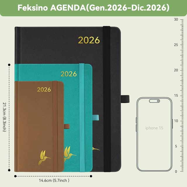 Detalle de FEKSINO Agenda Settimanale 2026 A5 in PU Blu (gennaio–dicembre 2026) con planner su 2 pagine