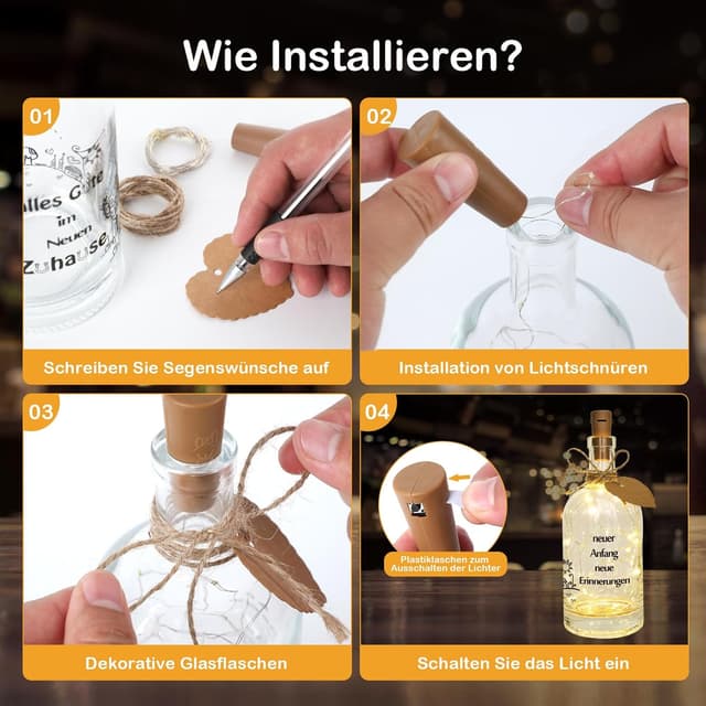 Detalle 2 de Seutgjie LED-Leuchtflasche zum Einzug & Richtfest – personalisiertes Geschenk mit Lichterkette und Text