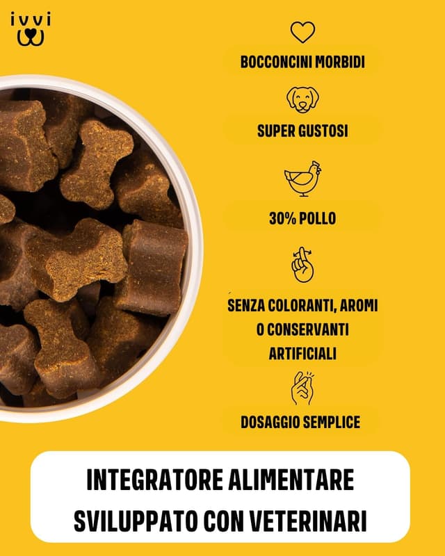 Detalle 2 de IVVI Hip & Joint compresse altamente concentrate per articolazioni del cane in snack con cozza dalle labbra verdi, glucosamina, condroitina e MSM