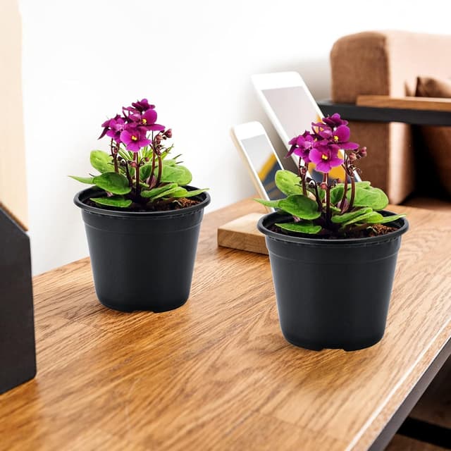 Detalle de KINGLAKE 50 black 10cm plastic plant pots + 100 white plant labels set for seedlings and cuttings