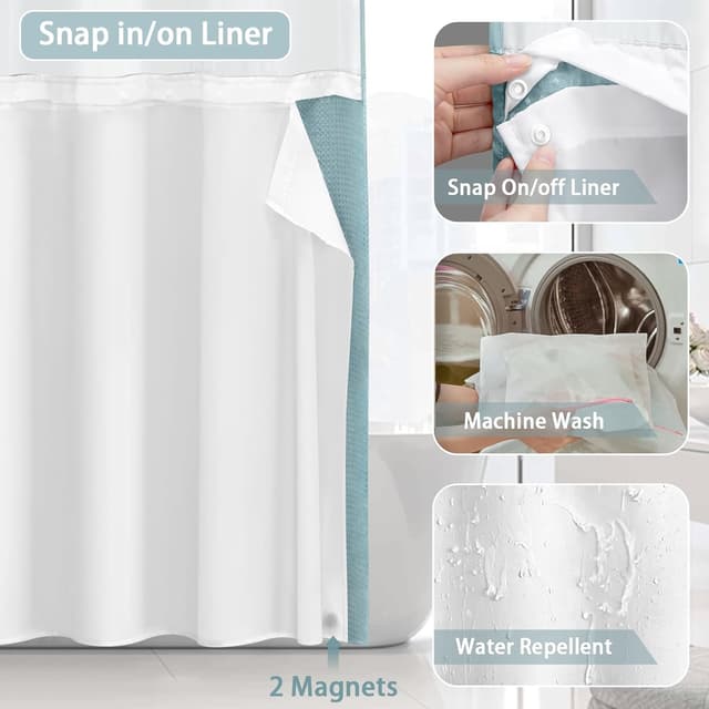 Detalle 2 de XOGUIBO No Hook Shower Curtain and Liner Set (Cyan Waffle) with Removable Fabric Liner